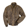 Brown leather A-2 bomber jacket with zip front and two chest pockets, stand collar.