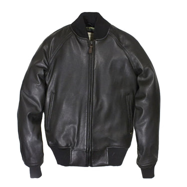 Black calfskin bomber jacket with stand collar and full front zip closure