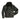 Black shearling leather jacket with raised collar, front zip, and chest pockets
