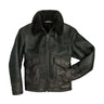 Black shearling leather jacket with raised collar, front zip, and chest pockets