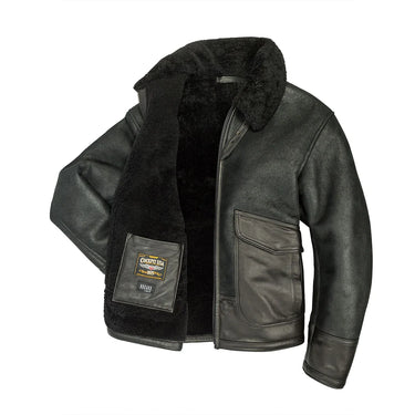 Black shearling leather jacket with zip front, fleece-lined collar, and side pockets