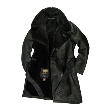 Black shearling leather trench coat, belted front with wide shearling collar