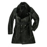 Black shearling leather trench coat with shearling collar, double-breasted belt